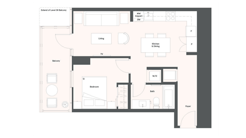 Floor plan for 1 bed, 1 bath, 575 sqft